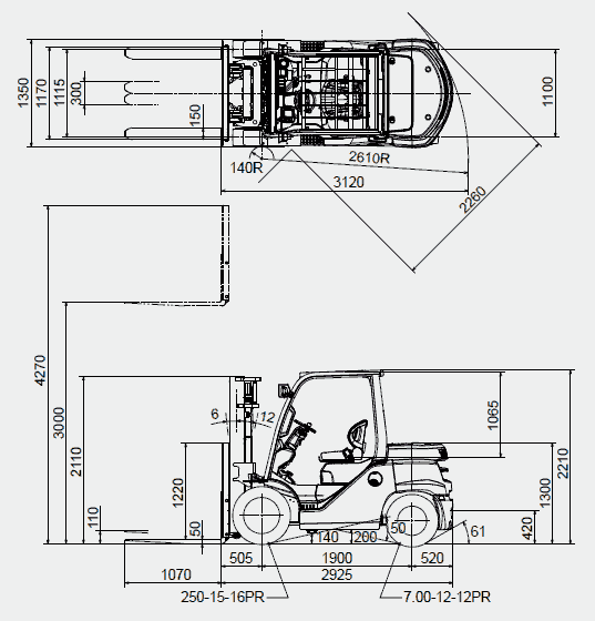 Основные размеры погрузчика TOYOTA 8FG35N