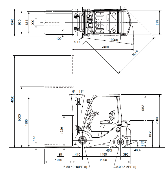 Основные размеры погрузчика TOYOTA 62-8FD15